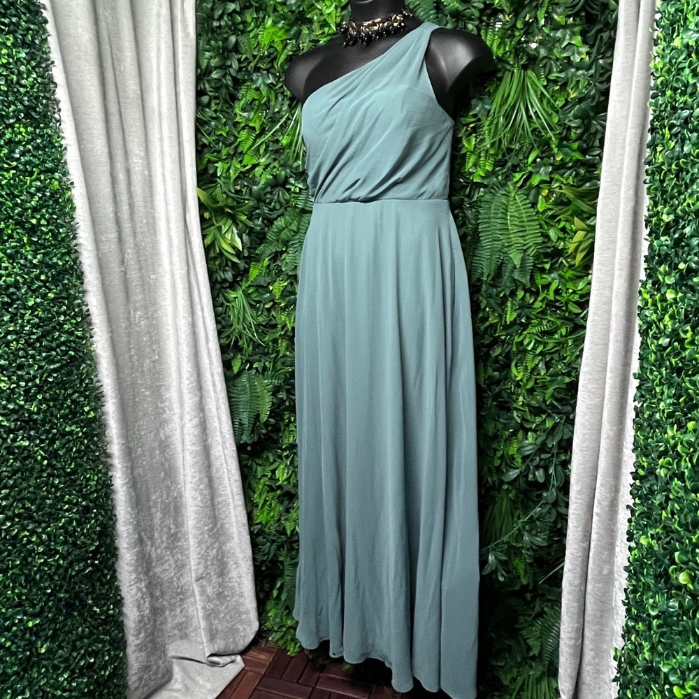 Birdy Grey Dress Womens Large Green One Shoulder Sleeveless‎ Formal Maxi 2998